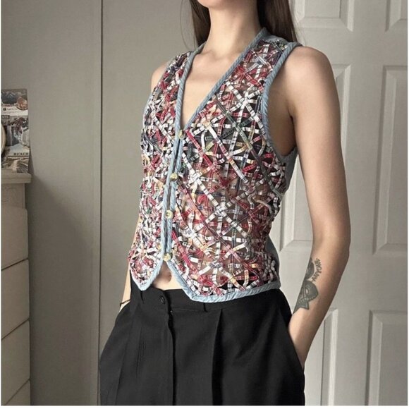 Cascade Blues Patchwork Woven Vest 90's Teachercore Crafty Unique Grannycore Med - Picture 1 of 8